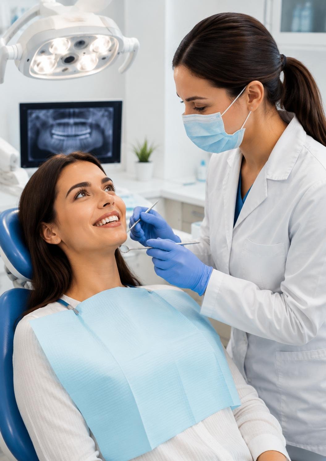 Friendly doctor greeting patients in a modern clinic lobby